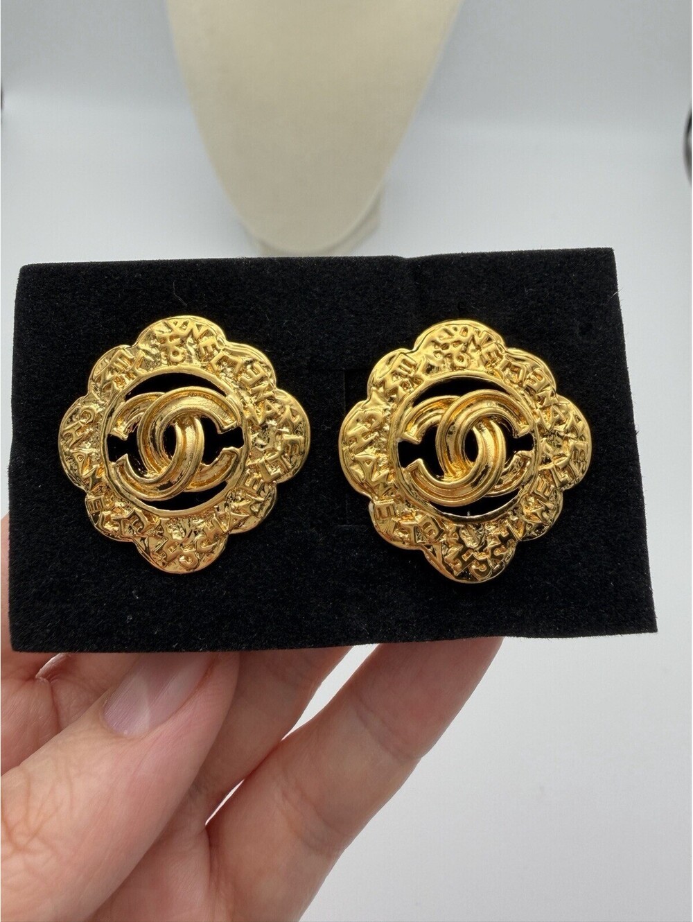 Authentic Chanel Vintage Floral CC Logo Clip On Earrings Gold Plated